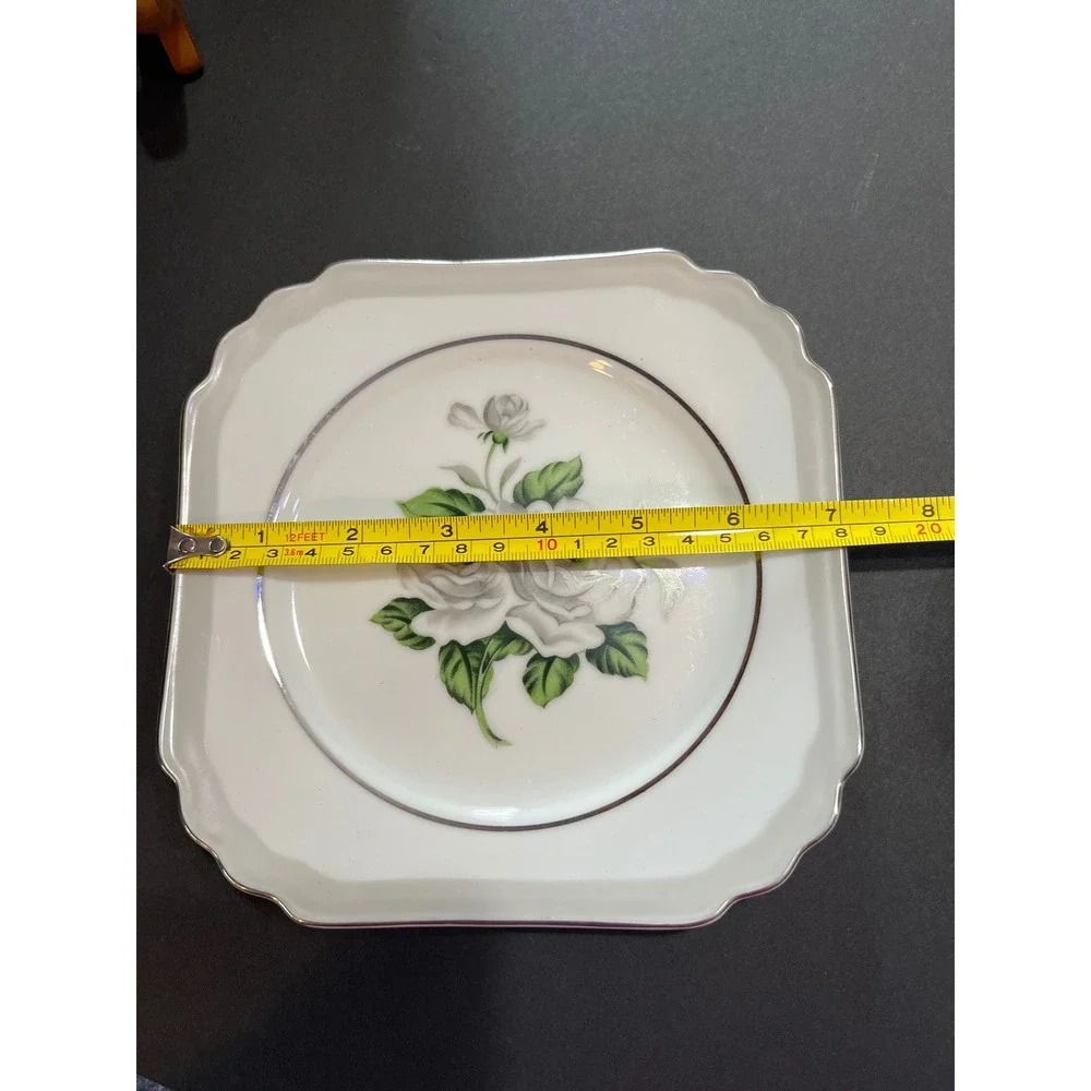 Gold Coast China First Love Square Salad Plate White Rose Silver Trim Japan 7.5